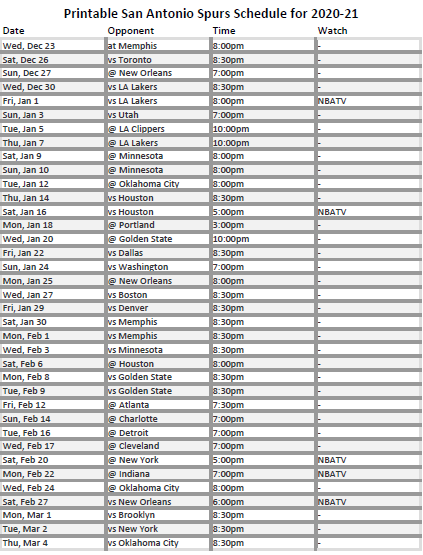 San Antonio Spurs for 2020-21 Printable Schedule